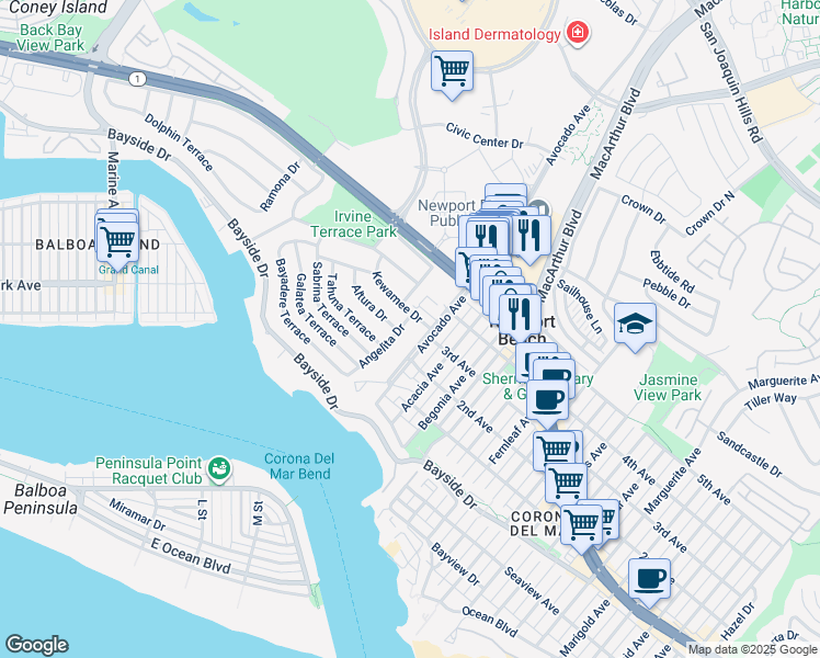 map of restaurants, bars, coffee shops, grocery stores, and more near 518 Angelita Drive in Newport Beach