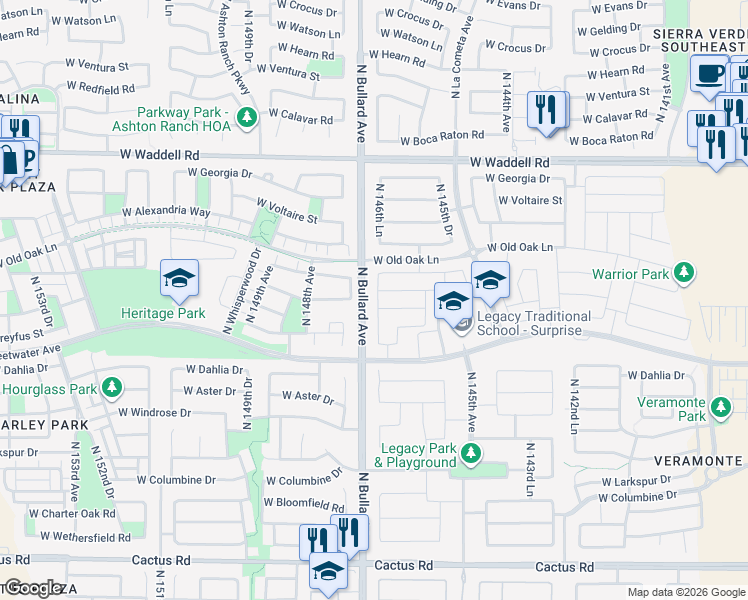 map of restaurants, bars, coffee shops, grocery stores, and more near 13113-13321 North Bullard Avenue in Surprise