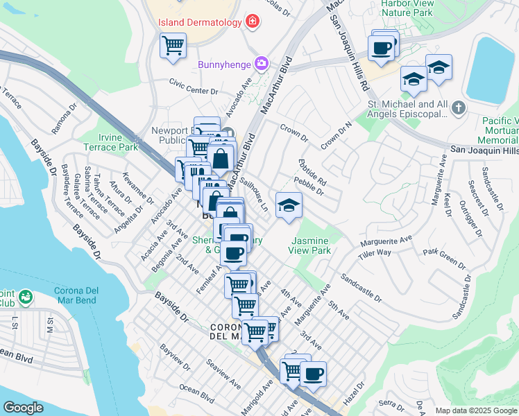 map of restaurants, bars, coffee shops, grocery stores, and more near 2606 Bungalow Place in Newport Beach