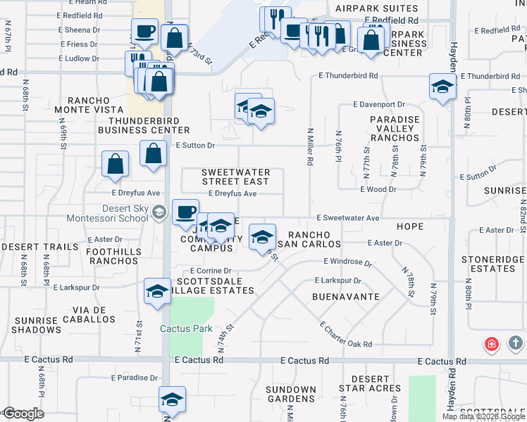 map of restaurants, bars, coffee shops, grocery stores, and more near 7518 East Sweetwater Avenue in Scottsdale