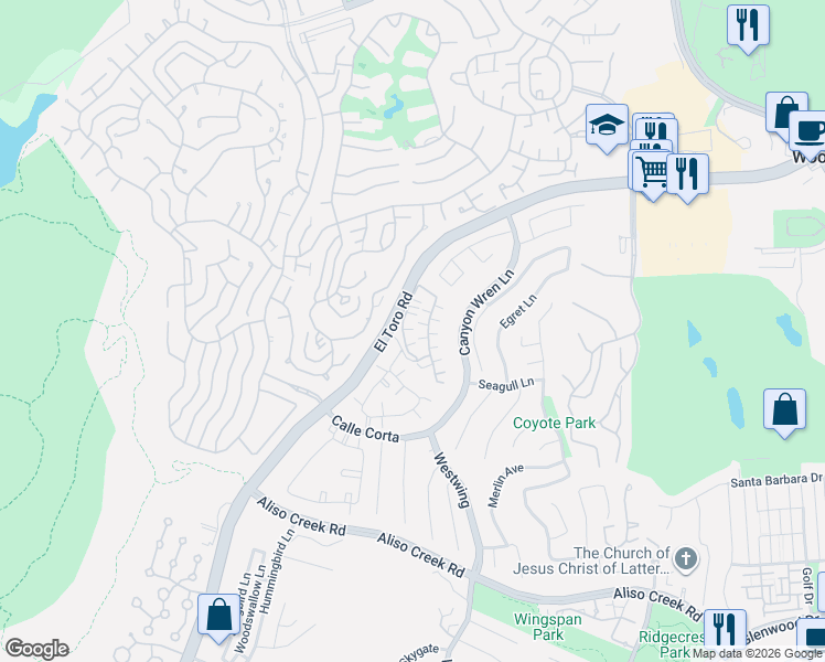 map of restaurants, bars, coffee shops, grocery stores, and more near 42 Partridge Lane in Aliso Viejo