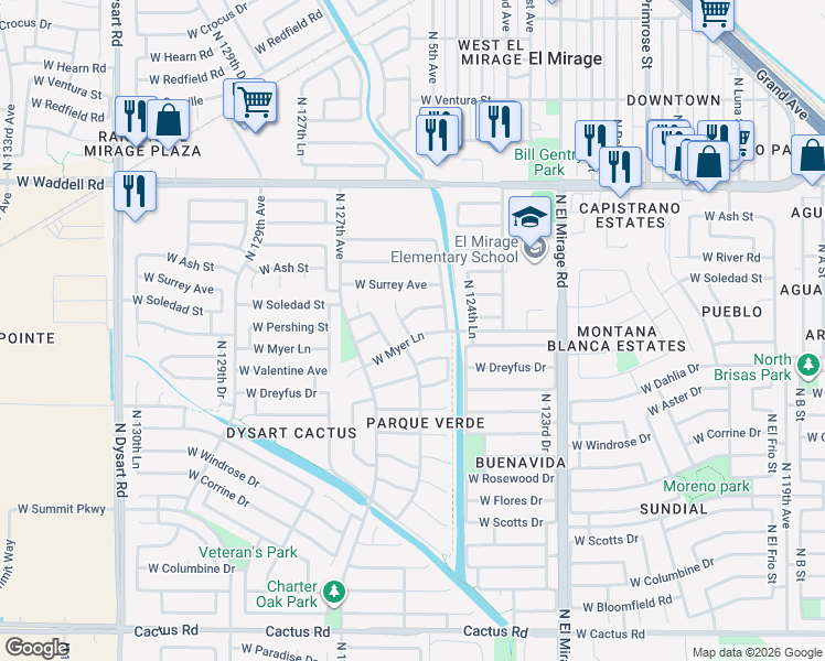 map of restaurants, bars, coffee shops, grocery stores, and more near 12521 West Pershing Street in El Mirage