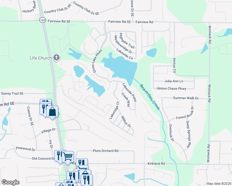 map of restaurants, bars, coffee shops, grocery stores, and more near 55 Lakeridge Court in Covington