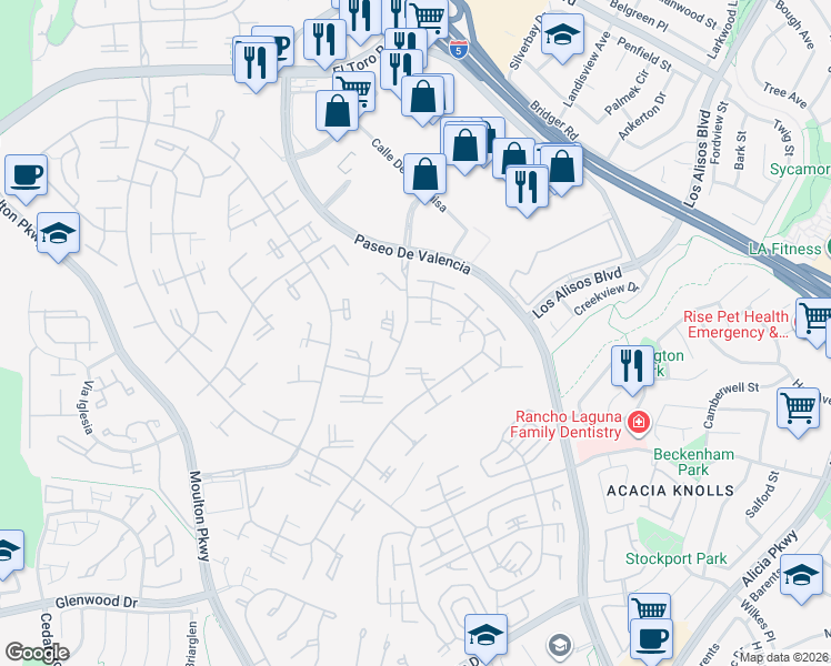 map of restaurants, bars, coffee shops, grocery stores, and more near 105 Via Estrada in Laguna Woods