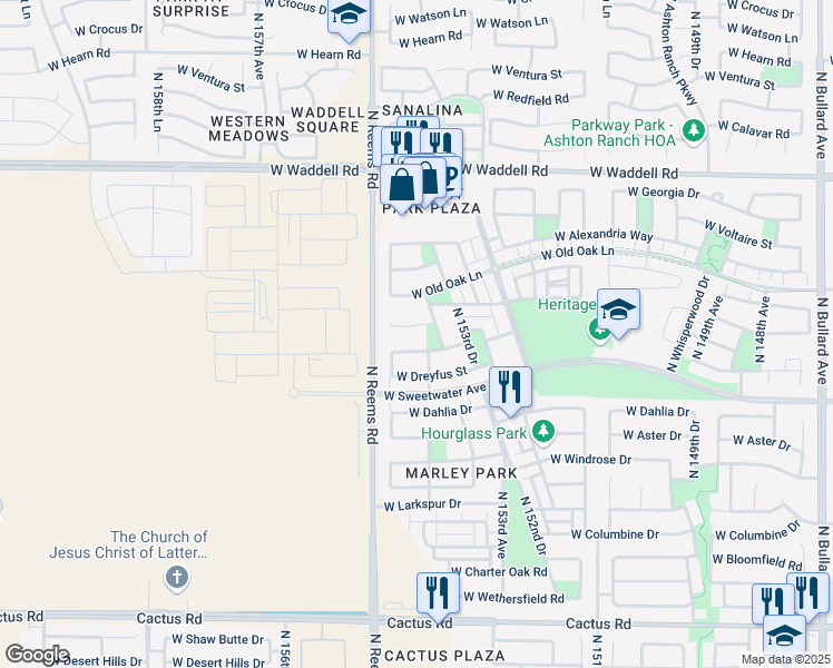 map of restaurants, bars, coffee shops, grocery stores, and more near 15429 West Surrey Drive in Surprise