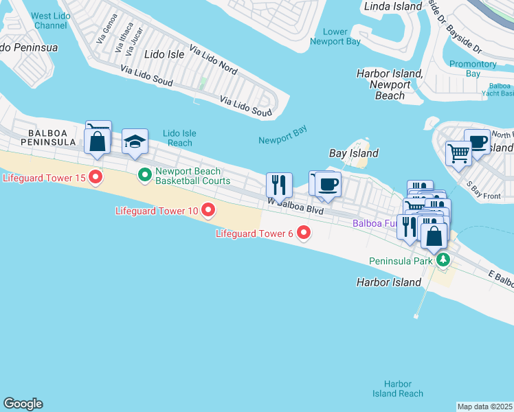 map of restaurants, bars, coffee shops, grocery stores, and more near 808 West Oceanfront in Newport Beach