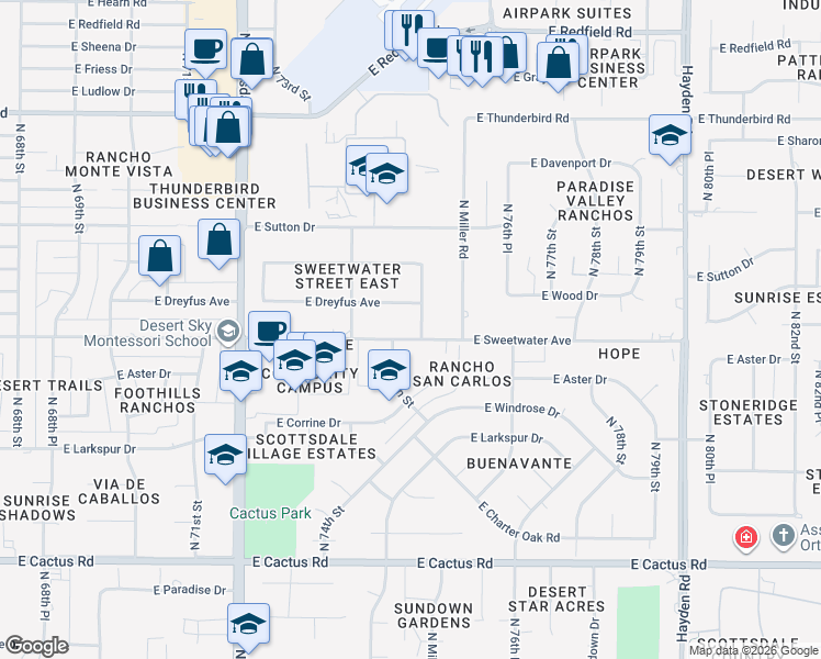 map of restaurants, bars, coffee shops, grocery stores, and more near 7518 East Sweetwater Avenue in Scottsdale