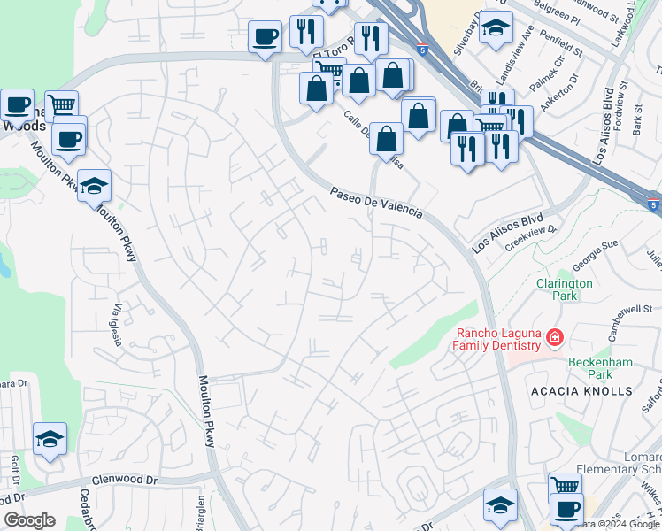 map of restaurants, bars, coffee shops, grocery stores, and more near 86 Calle Aragon in Laguna Woods