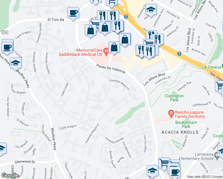 map of restaurants, bars, coffee shops, grocery stores, and more near 203 Avenida Majorca in Laguna Woods