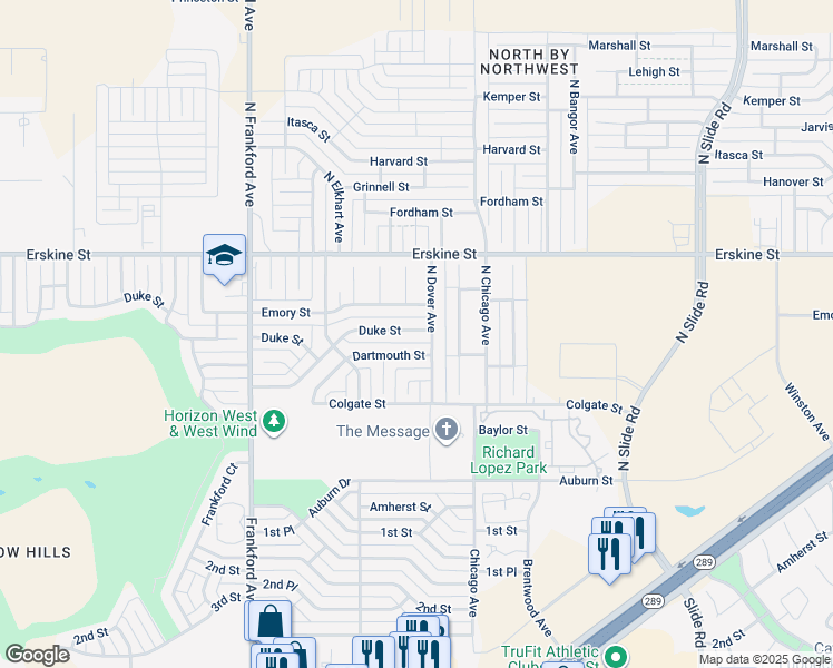 map of restaurants, bars, coffee shops, grocery stores, and more near 5610 Duke Street in Lubbock