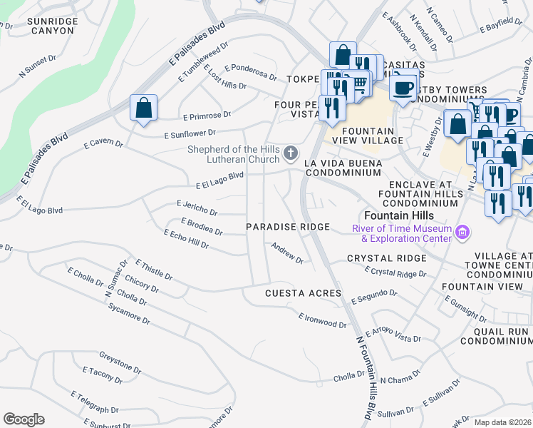 map of restaurants, bars, coffee shops, grocery stores, and more near 13023 Mountainside Drive in Fountain Hills