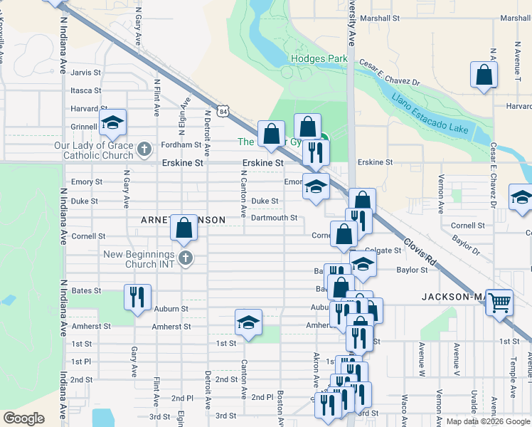 map of restaurants, bars, coffee shops, grocery stores, and more near 2712 Dartmouth Street in Lubbock