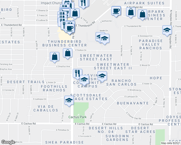 map of restaurants, bars, coffee shops, grocery stores, and more near 7340 East Sweetwater Avenue in Scottsdale
