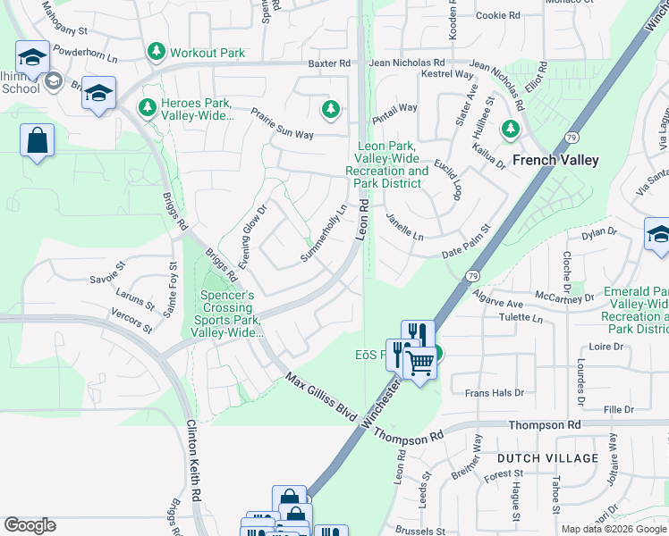 map of restaurants, bars, coffee shops, grocery stores, and more near 30958 Moonflower Lane in Murrieta