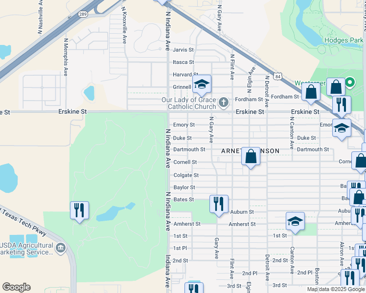 map of restaurants, bars, coffee shops, grocery stores, and more near 3224 Dartmouth Street in Lubbock