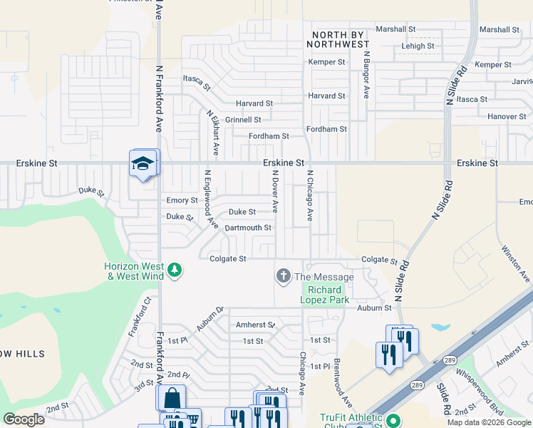 map of restaurants, bars, coffee shops, grocery stores, and more near 5610 Duke Street in Lubbock