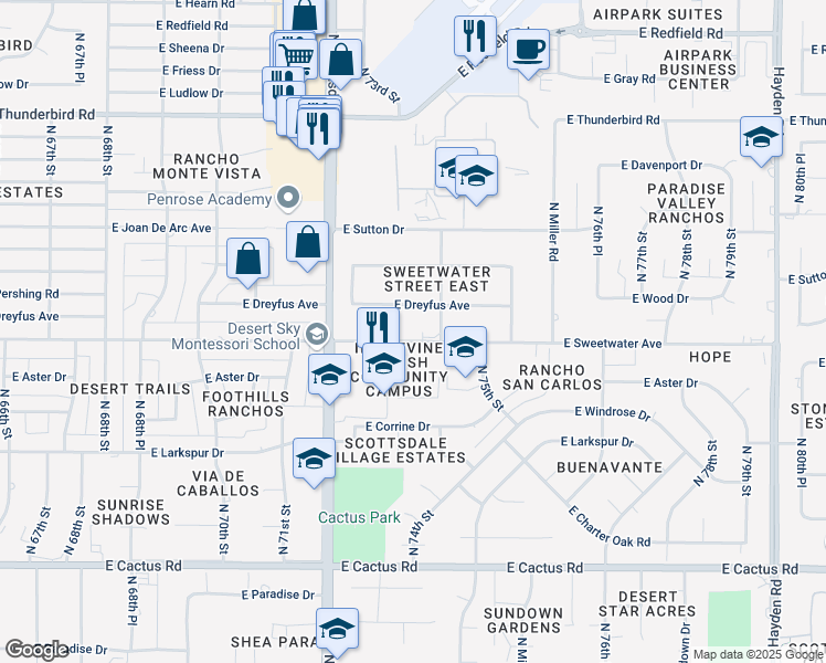 map of restaurants, bars, coffee shops, grocery stores, and more near 7340 East Sweetwater Avenue in Scottsdale