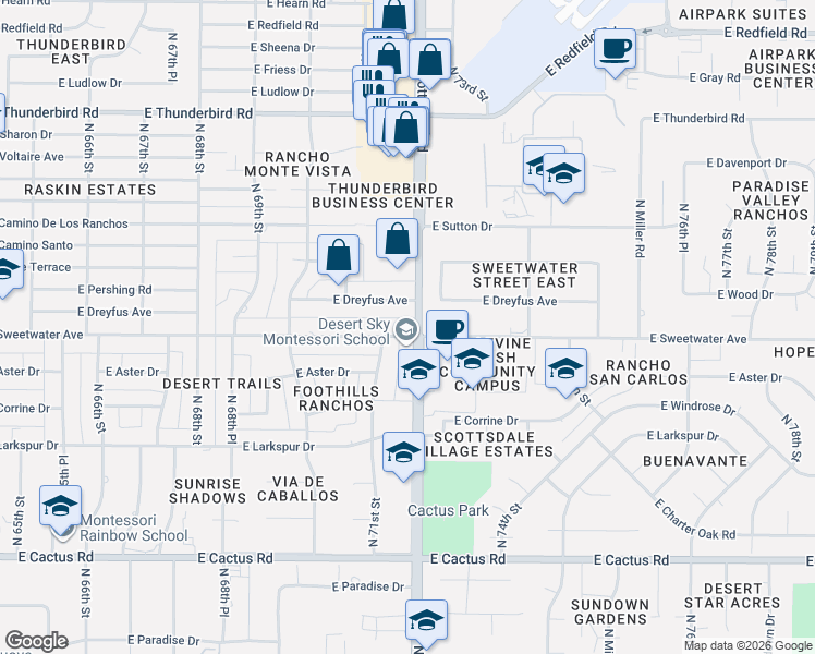 map of restaurants, bars, coffee shops, grocery stores, and more near 7102 East Sweetwater Avenue in Scottsdale