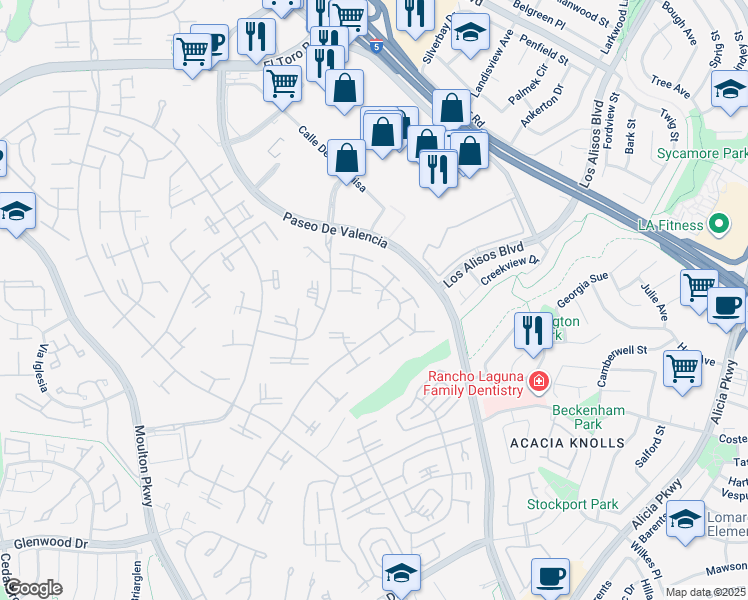 map of restaurants, bars, coffee shops, grocery stores, and more near 211 Avenida Majorca in Laguna Woods