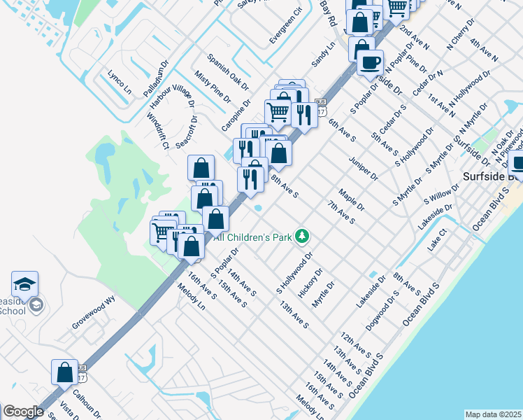 map of restaurants, bars, coffee shops, grocery stores, and more near 999 U.S. 17 Business in Myrtle Beach