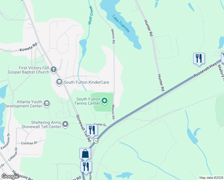 map of restaurants, bars, coffee shops, grocery stores, and more near 5575 Mason Road in College Park
