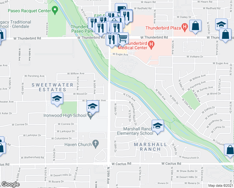 map of restaurants, bars, coffee shops, grocery stores, and more near 12906 North 57th Avenue in Glendale