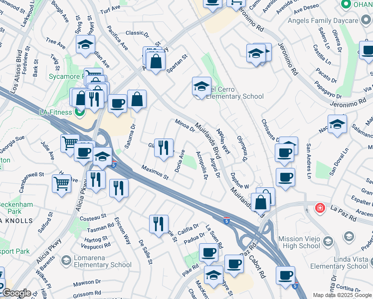 map of restaurants, bars, coffee shops, grocery stores, and more near 24636 Doria Avenue in Mission Viejo