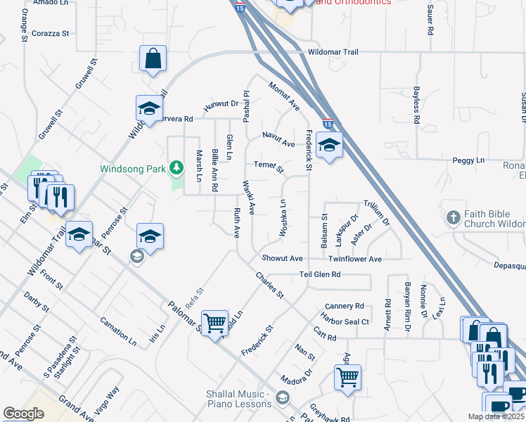 map of restaurants, bars, coffee shops, grocery stores, and more near 22796 Supa Court in Wildomar