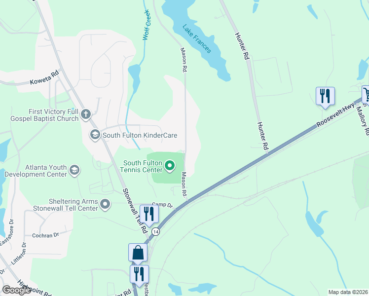 map of restaurants, bars, coffee shops, grocery stores, and more near 5520 Mason Road in College Park