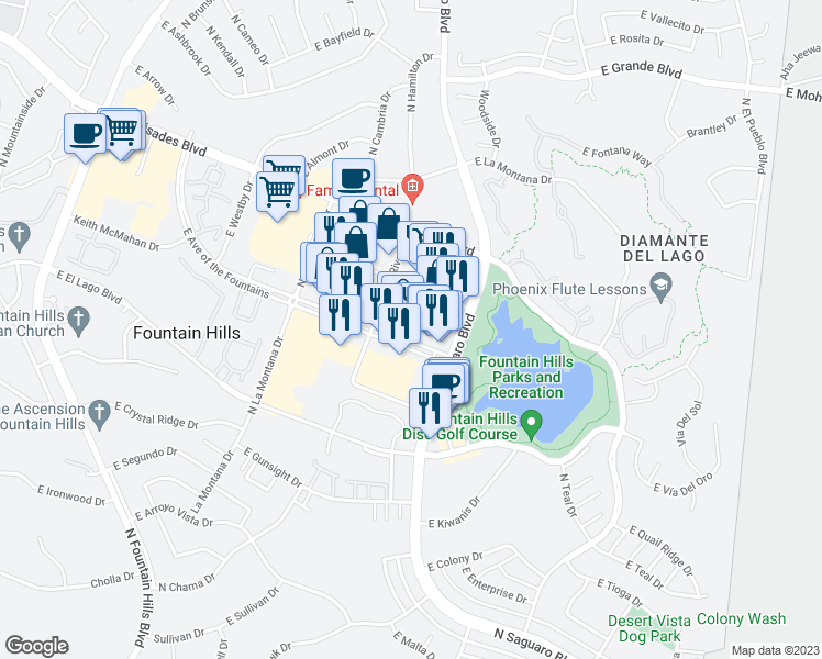 map of restaurants, bars, coffee shops, grocery stores, and more near 16838 East Avenue of the Fountains in Fountain Hills