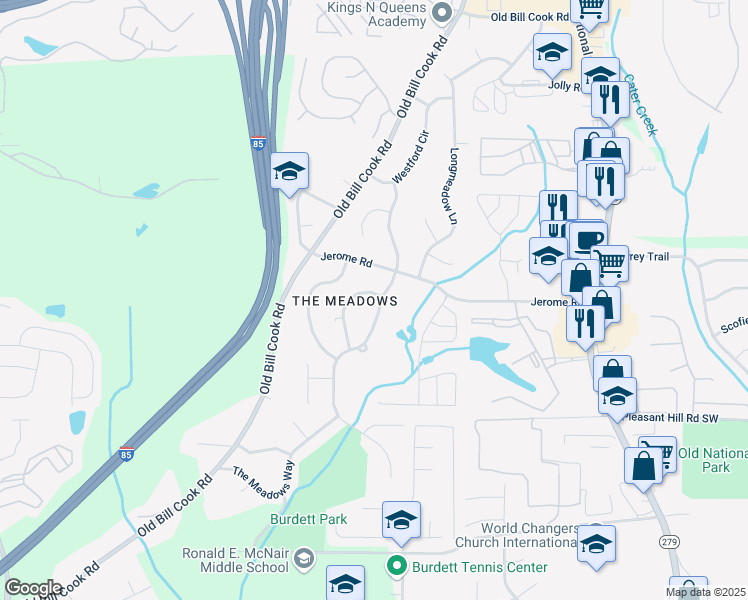 map of restaurants, bars, coffee shops, grocery stores, and more near 5602 Westhill Circle in College Park