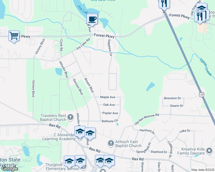 map of restaurants, bars, coffee shops, grocery stores, and more near 5515 Sapphire Circle in Ellenwood