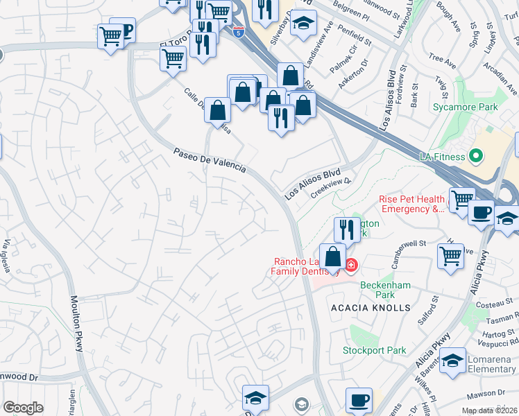 map of restaurants, bars, coffee shops, grocery stores, and more near 151 Avenida Majorca in Laguna Woods