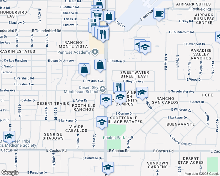 map of restaurants, bars, coffee shops, grocery stores, and more near 7220 East Sweetwater Avenue in Scottsdale