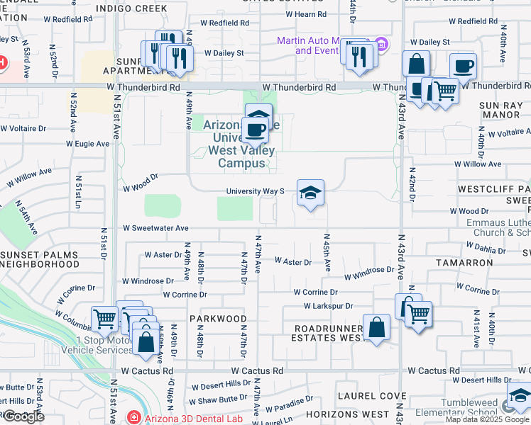 map of restaurants, bars, coffee shops, grocery stores, and more near 4650 West Sweetwater Avenue in Glendale