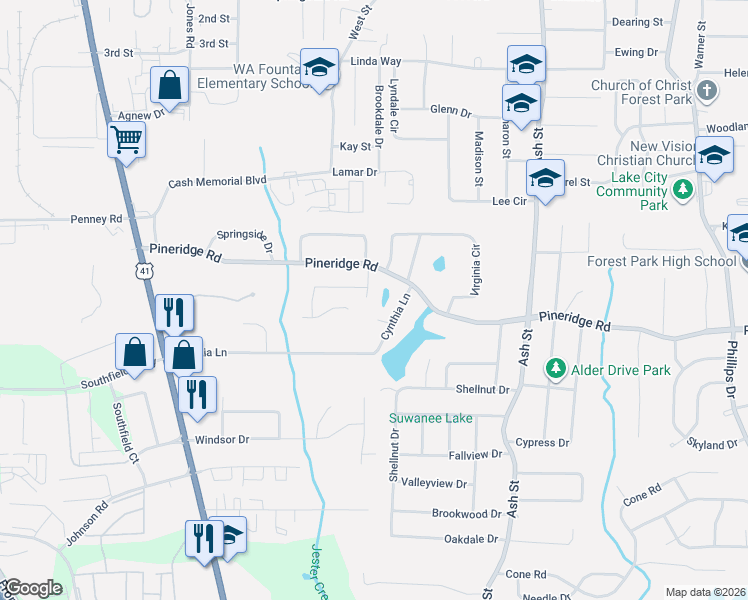 map of restaurants, bars, coffee shops, grocery stores, and more near 5504 Moriah Lane in Forest Park