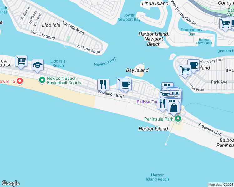 map of restaurants, bars, coffee shops, grocery stores, and more near 201 6th Street in Newport Beach