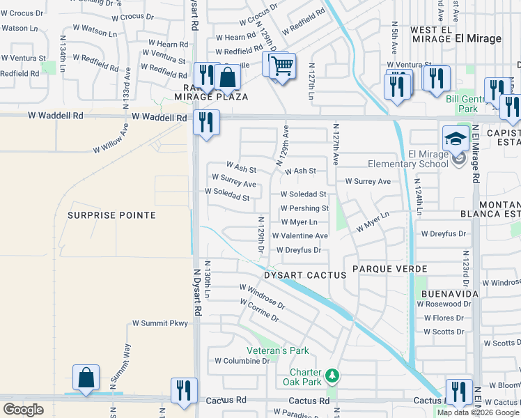 map of restaurants, bars, coffee shops, grocery stores, and more near 12905 West Soledad Street in El Mirage