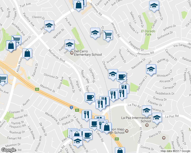 map of restaurants, bars, coffee shops, grocery stores, and more near 24636 Zena Court in Mission Viejo