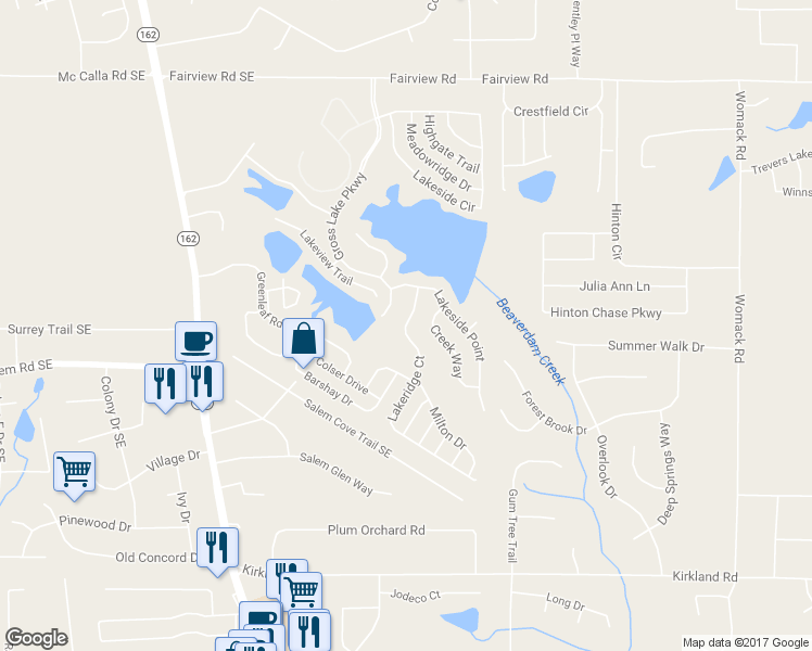 map of restaurants, bars, coffee shops, grocery stores, and more near 55 Lakeridge Court in Covington