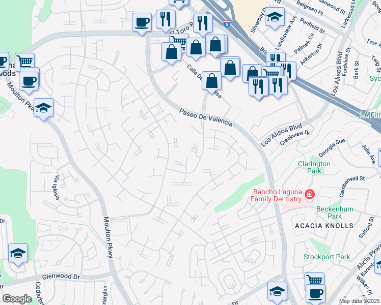 map of restaurants, bars, coffee shops, grocery stores, and more near 111 Via Estrada in Laguna Woods