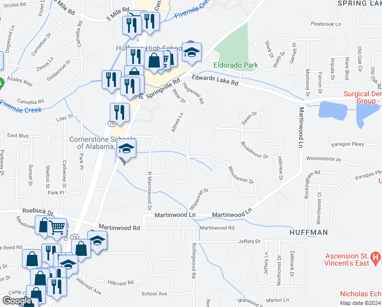 map of restaurants, bars, coffee shops, grocery stores, and more near 836 Idlewood Road in Birmingham
