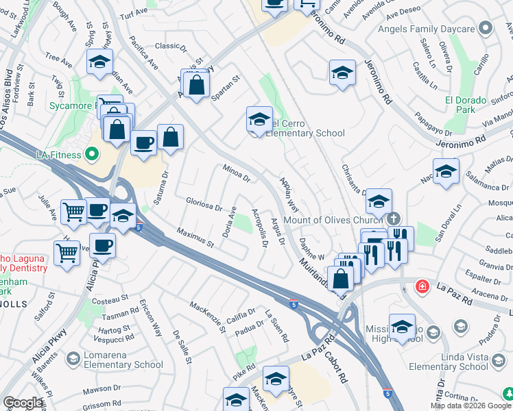 map of restaurants, bars, coffee shops, grocery stores, and more near 25726 Demeter Way in Mission Viejo