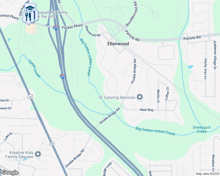 map of restaurants, bars, coffee shops, grocery stores, and more near 5525 Peachtree Landing Drive in Ellenwood