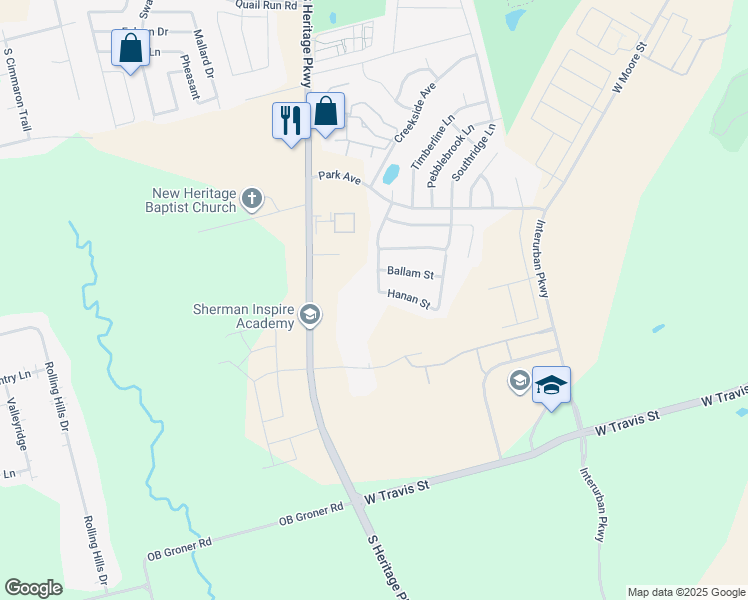 map of restaurants, bars, coffee shops, grocery stores, and more near 3514 Hanan Street in Sherman