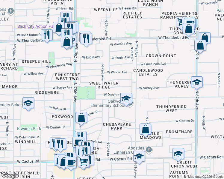 map of restaurants, bars, coffee shops, grocery stores, and more near 7217 West Surrey Avenue in Peoria