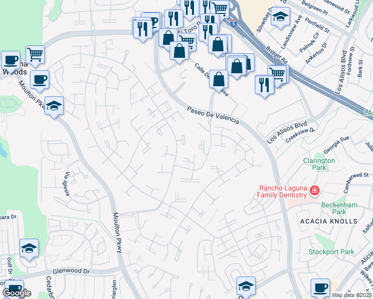 map of restaurants, bars, coffee shops, grocery stores, and more near 86 Calle Aragon in Laguna Woods