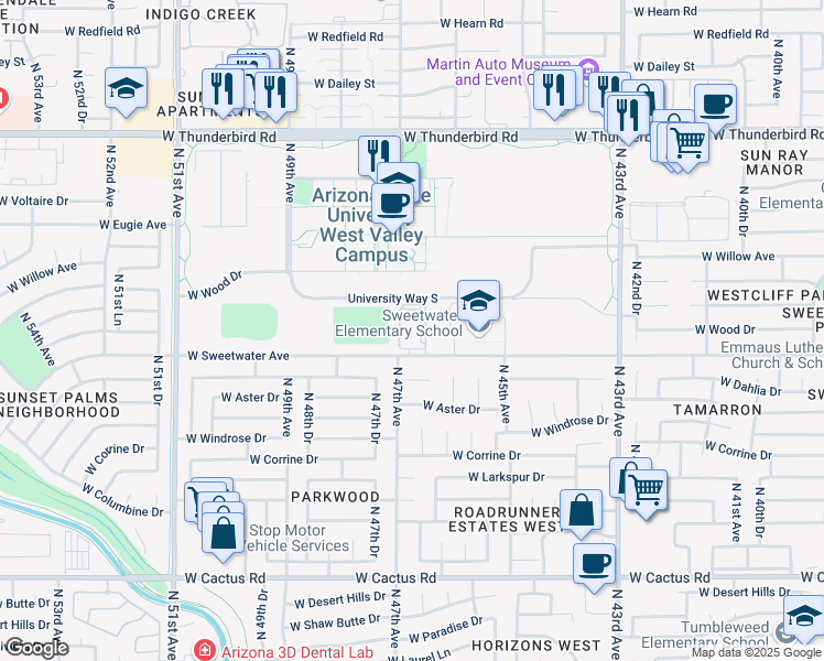 map of restaurants, bars, coffee shops, grocery stores, and more near 4650 West Sweetwater Avenue in Glendale