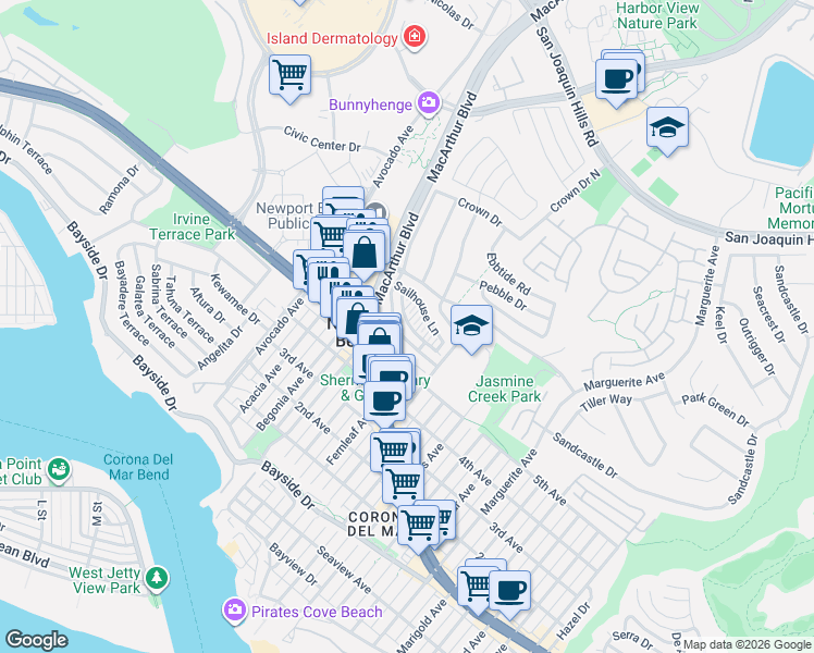 map of restaurants, bars, coffee shops, grocery stores, and more near 2545 Bungalow Place in Newport Beach