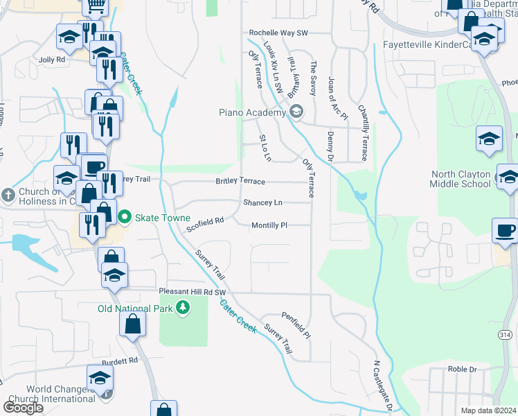 map of restaurants, bars, coffee shops, grocery stores, and more near 2192 Shancey Lane in College Park